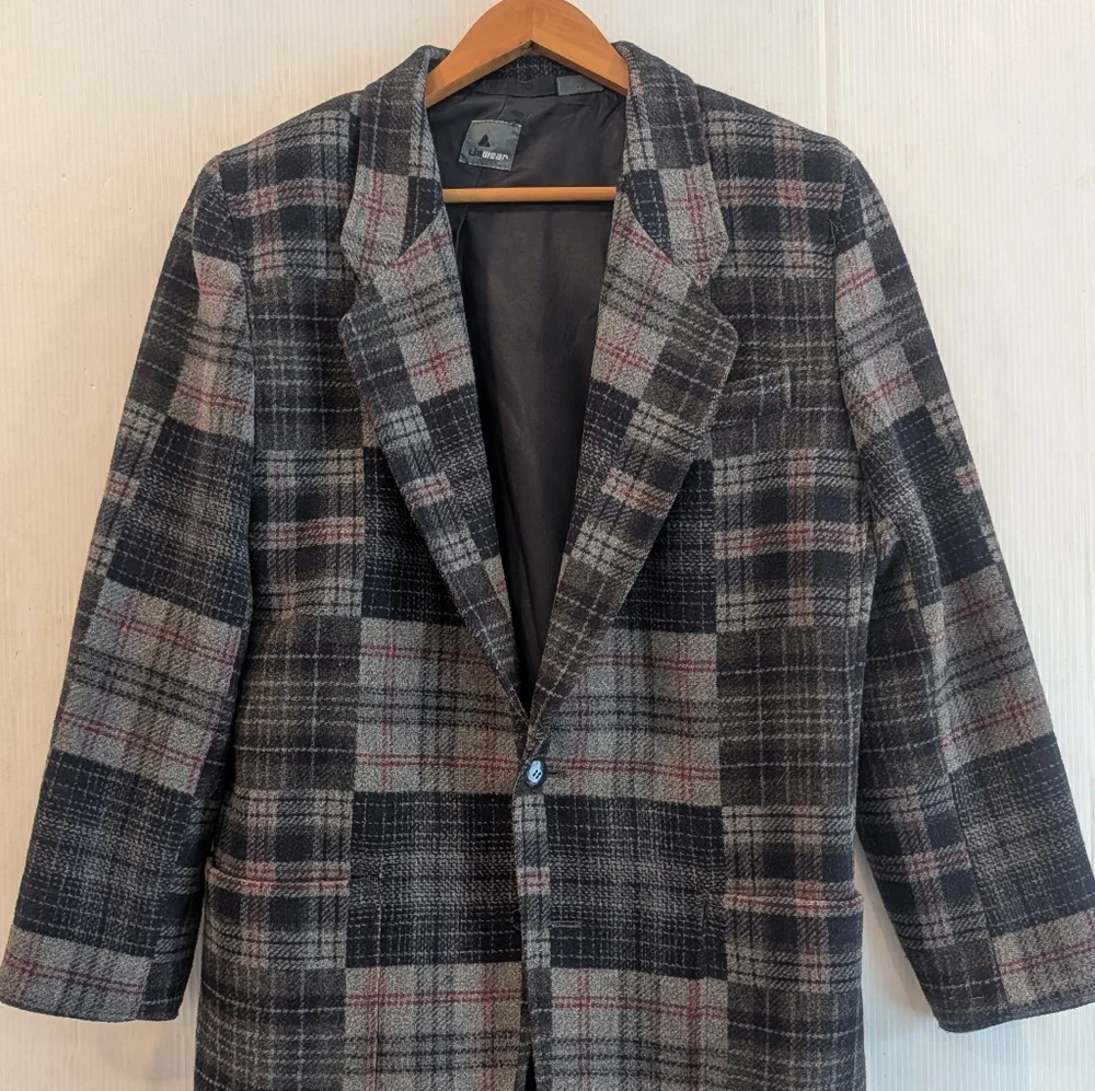 LIZ WEAR Navy & Gray Plaid Wool Blend Blazer Jacket Size 12